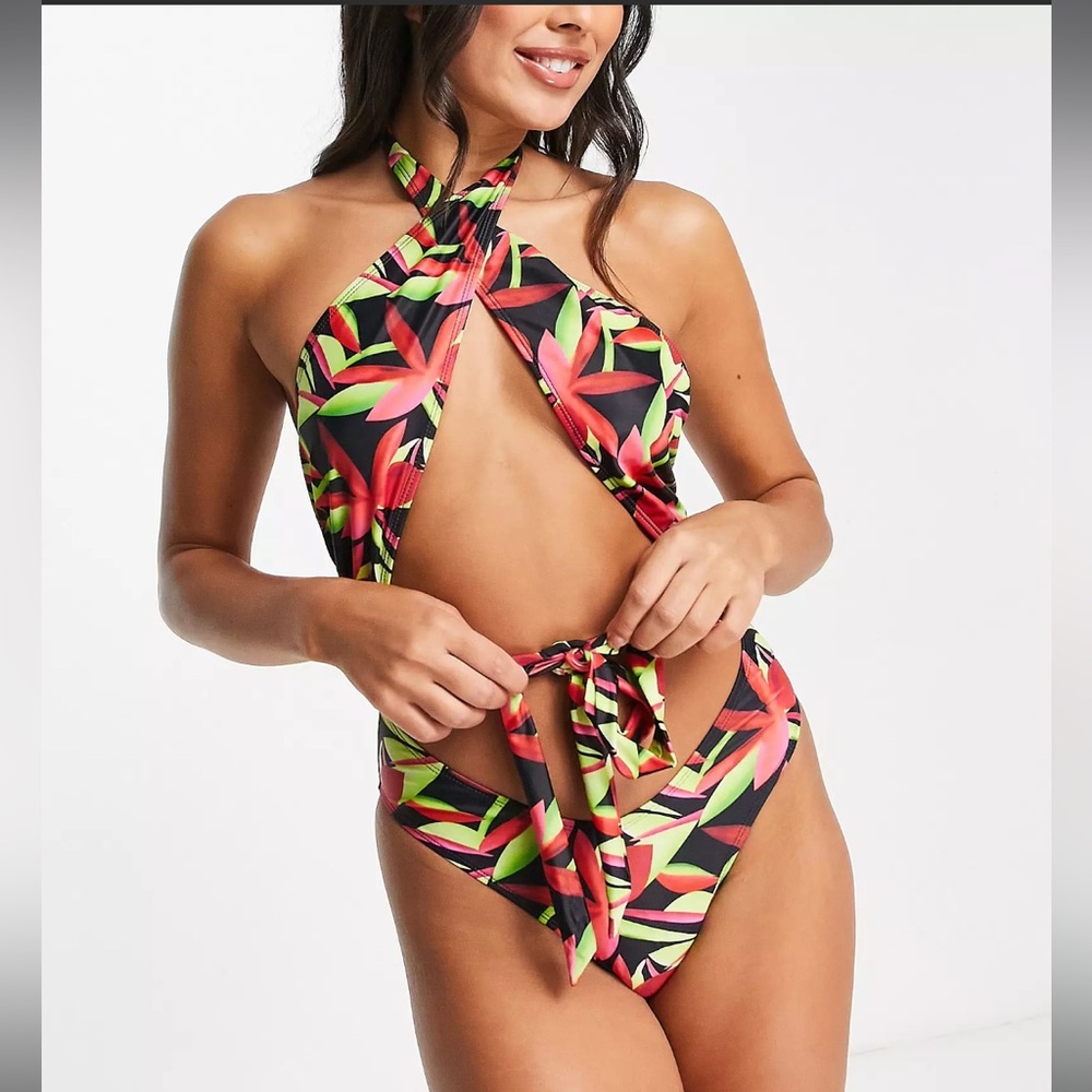 NWT Public Desire floral palm print halter swimsuit